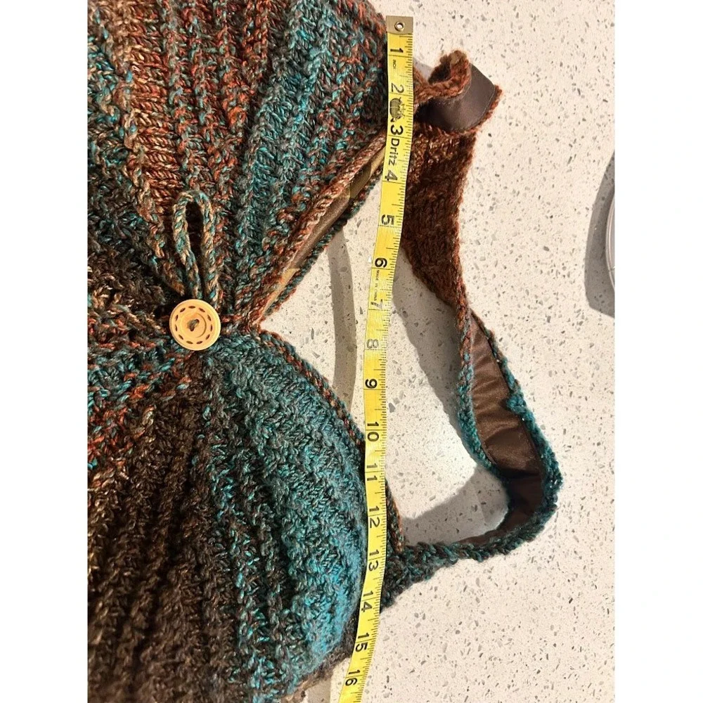 Crocheted Shoulder Bag Boho Artisan‎ Button Detail Teal Brown